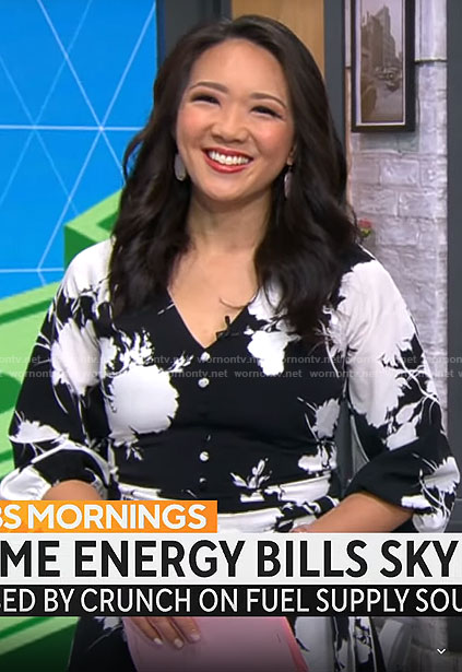Nancy Chen's black and white floral midi dress on CBS Mornings