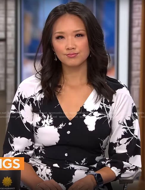 Nancy Chen’s black and white floral midi dress on CBS Mornings