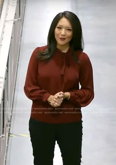 Nancy Chen's red tie neck blouse on CBS Mornings
