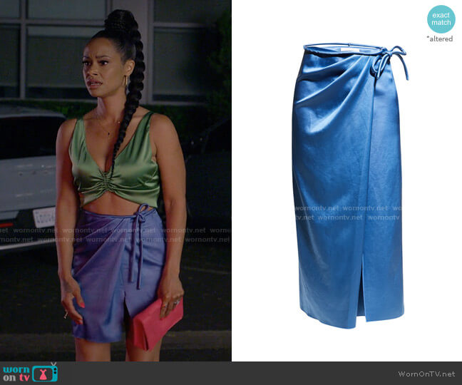 Nanushka Lea Satin Midi Wrap Skirt worn by Shanelle Tucker (Shannon Kane) on Reasonable Doubt