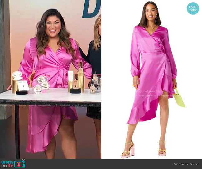 Never Fully Dressed Fuchsia Emily Wrap Dress worn by Jenn Chan on Access Hollywood