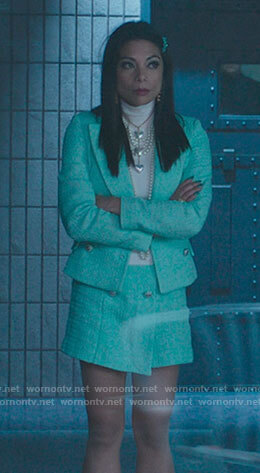 Nikki’s mint green tweed blazer and skirt on She-Hulk Attorney at Law