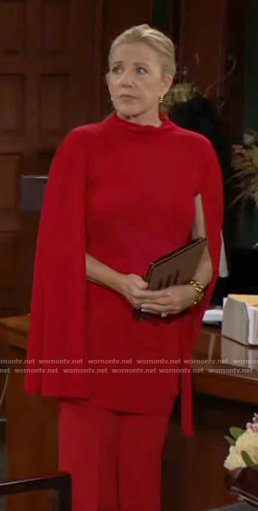 Nikki’s red cape sleeve top and pants on The Young and the Restless