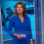 Norah’s blue asymmetric top and pants on CBS Evening News