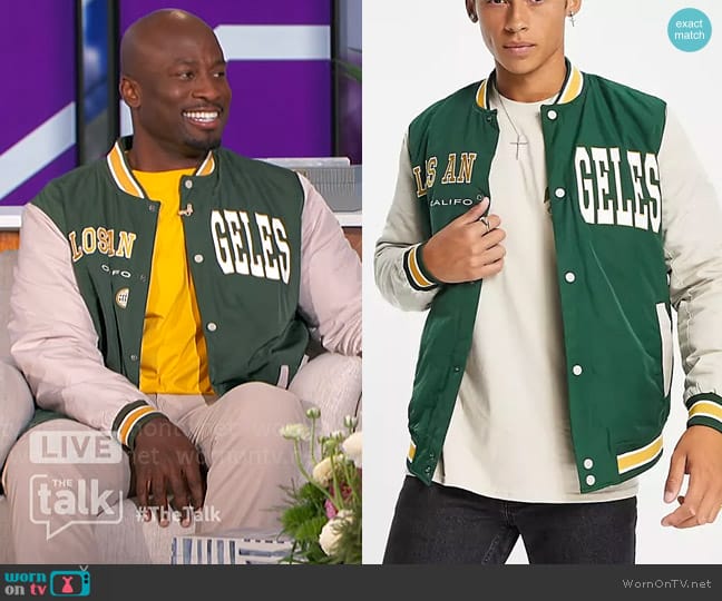 Only and Sons Varsity Bomber Jacket in green worn by Akbar Gbajabiamila on The Talk