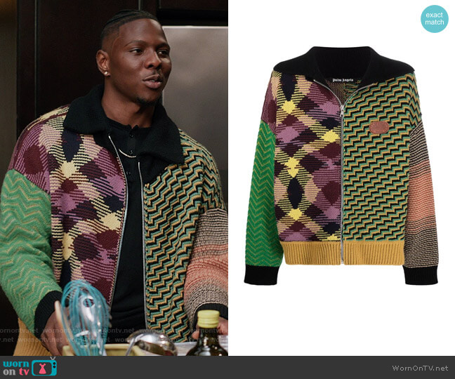 Palm Angels x Missoni jacquard patchwork knitted cardigan worn by Cam Watkin (Mitchell Edwards) on All American Homecoming