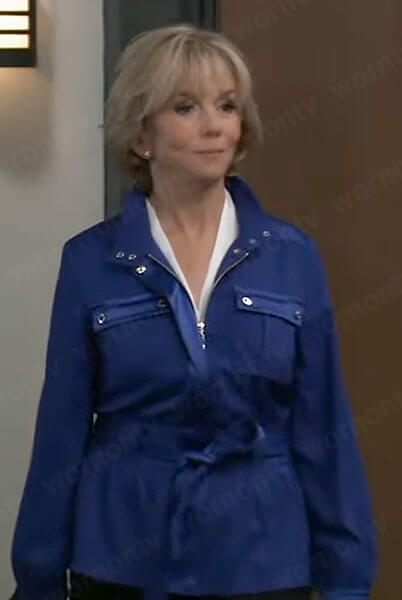 Peyton’s blue belted jacket on General Hospital