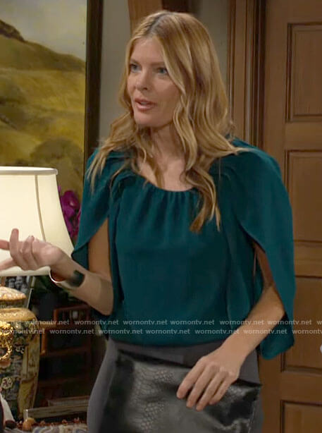 Phyllis’s teal green cape sleeve blouse on The Young and the Restless