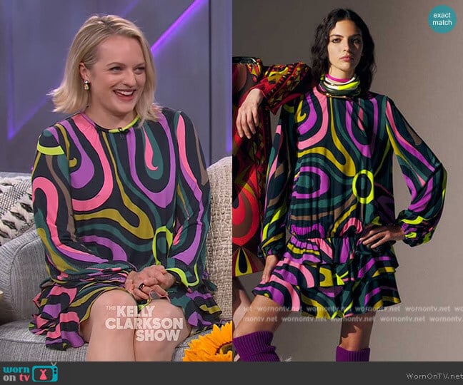 Emilio Pucci Swirl Print Mini Dress worn by Elizabeth Moss on The Kelly Clarkson Show