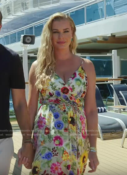 Rebecca Romijn’s floral wrap maxi dress on The Real Love Boat