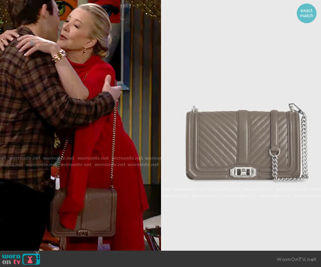 Rebeca Minkoff Chevron Quilted Love Crossbody in Deep Taupe worn by Nikki Reed Newman (Melody Thomas-Scott) on The Young and the Restless