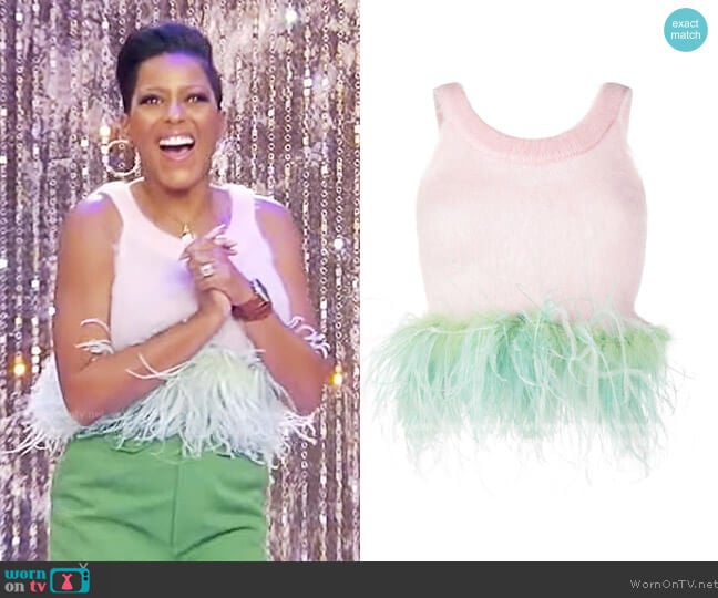 Saint Laurent Cropped feather-trimmed mohair-blend top worn by Tamron Hall on Tamron Hall Show