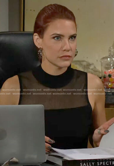 Sally’s black sleeveless sheer panel top on The Young and the Restless