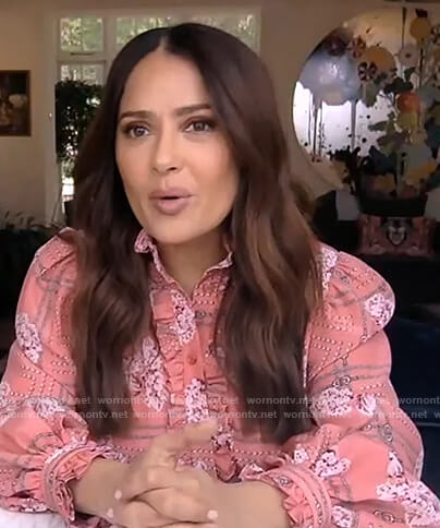 Salma Hayek’s pink floral blouse on The Drew Barrymore Show