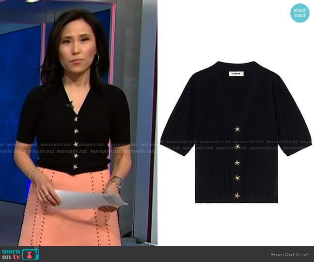 Sandro Nolan Ribbed Star Button Cardigan worn by Vicky Nguyen on NBC News Daily
