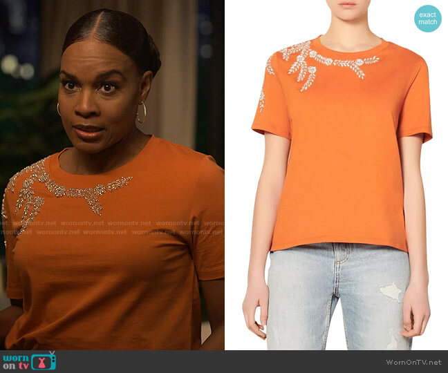 Sandro Embellished Cotton T-Shirt worn by Sally Braswell (Nefetari Spencer) on Reasonable Doubt