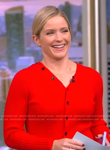 Sara’s red ribbed button cardigan on The View