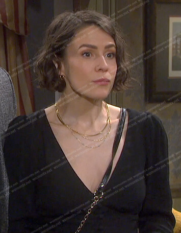 Sarah’s black button front v-neck top on Days of our Lives