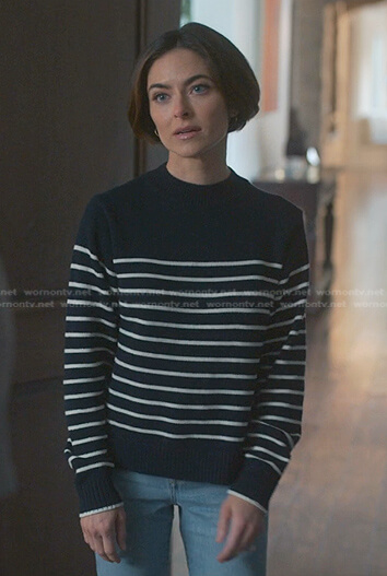 Sarah's navy striped sweater on Reasonable Doubt