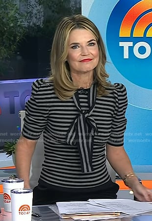 Savannah's grey striped tie neck top on Today