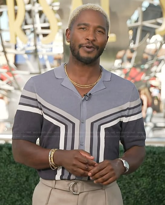 Scott’s grey colorblock knit shirt on Access Hollywood
