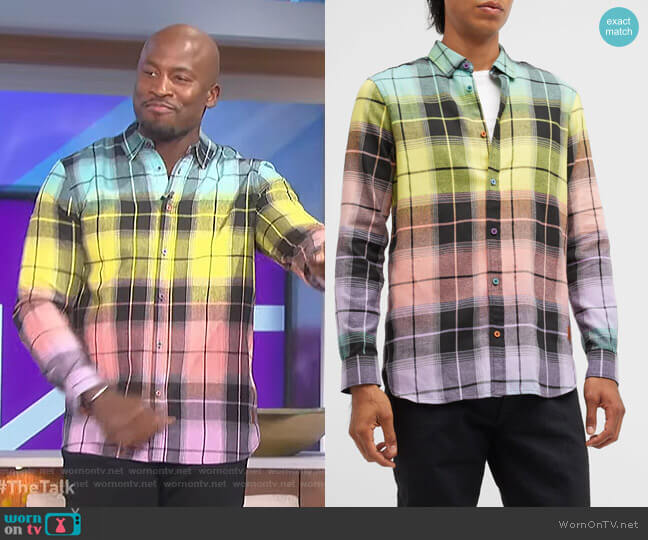 Scotch and Soda Gradient Check Flannel Sport Shirt worn by Akbar Gbajabiamila on The Talk
