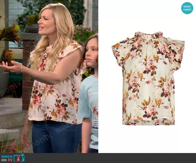 Sea Esme Floral Print Flutter Sleeve Silk Top worn by Gemma (Beth Behrs) on The Neighborhood