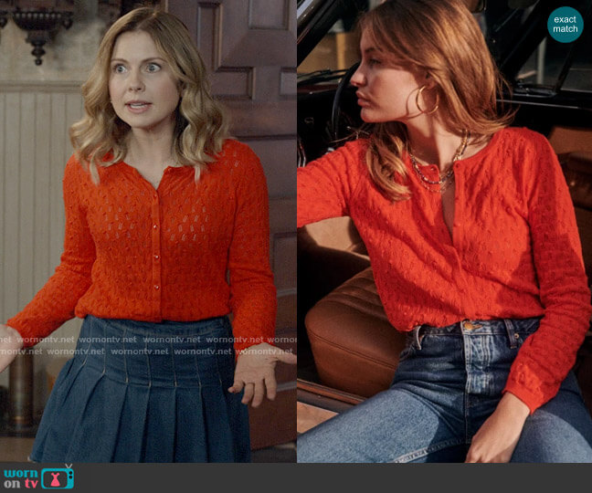 Sezane Philippe Jumper in Coral Red worn by Sam (Rose McIver) on Ghosts