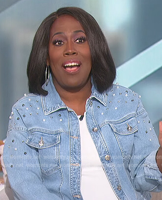 Sheryl’s denim embellished jacket and jeans on The Talk