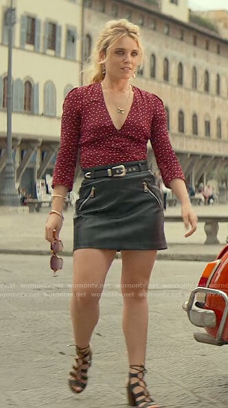 Sloane’s red dotted top and leather skirt on From Scratch