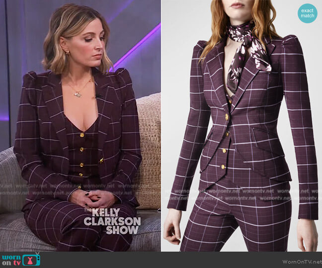 Smythe Windowpane Plaid Puff Sleeve Blazer and Pants worn by Jessica Knoll on The Kelly Clarkson Show