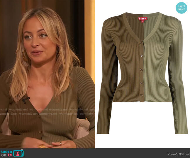 Staud Cargo Colorblock Rib Knit Cardigan worn by Nicole Richie on The Drew Barrymore Show