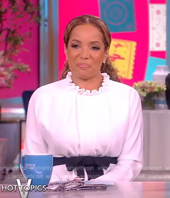 Sunny’s white contrast belted mini dress on The View