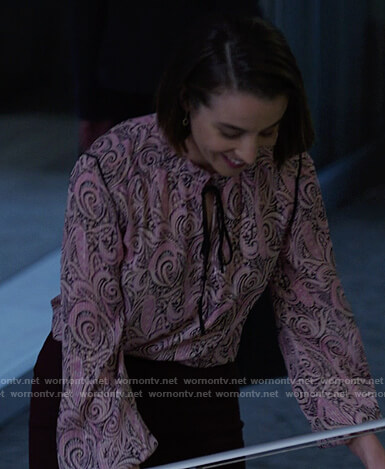 Susan’s pink printed tie neck blouse on The Good Fight