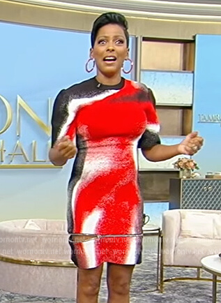 Tamron’s red spray paint print dress on Tamron Hall Show