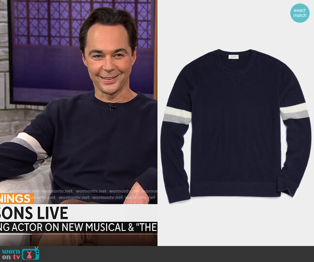 Todd Snyder Arm Stripe Cashmere Sweatshirt worn by Jim Parsons on CBS Mornings