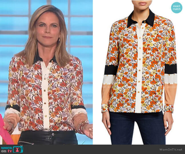 Tory Burch Blossom Ditsy Patchwork Button-Down Silk Shirt worn by Natalie Morales on The Talk