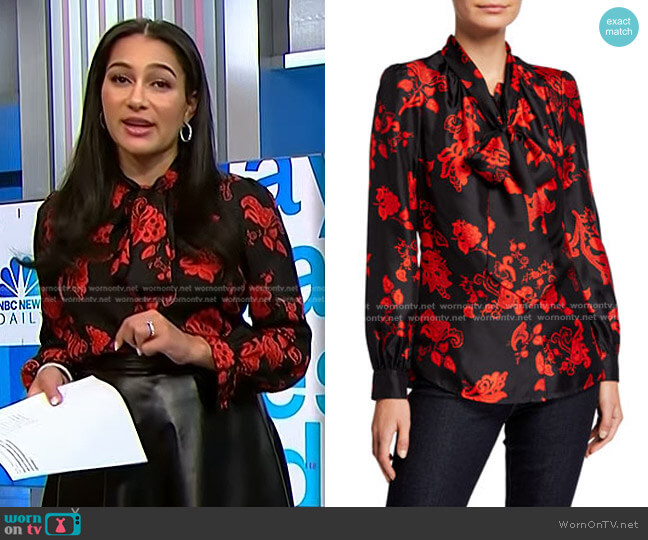 Tory Burch Floral Tie-Neck Long-Sleeve Silk Blouse worn by Morgan Radford on NBC News Daily