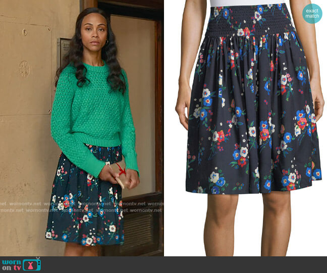 Tory Burch Blaire Pansy Bouquet Floral Full Skirt worn by Amy Wheeler (Zoe Saldana) on From Scratch