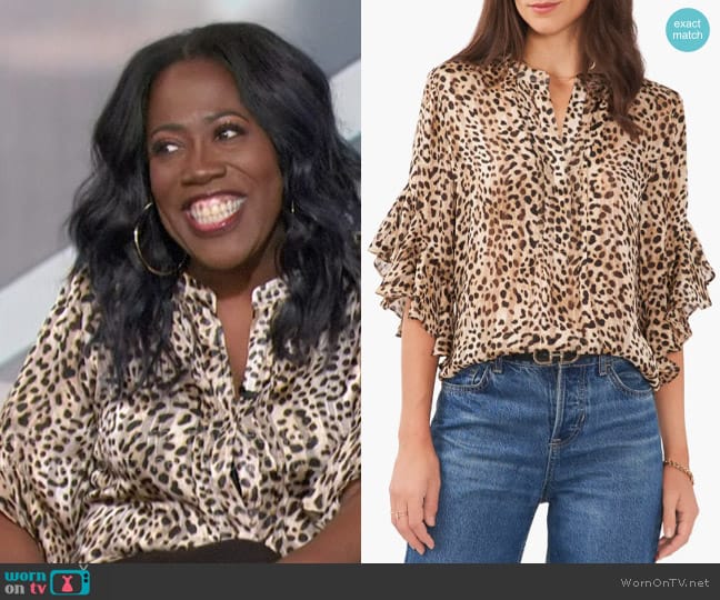 Vince Camuto Cheetah Print Ruffle Sleeve Popover Blouse worn by Sheryl Underwood on The Talk