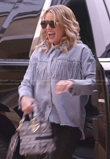 Whitney’s fringed denim shirt and shoulder bag on The Real Housewives of Salt Lake City