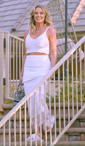 Whitney’s white cropped crochet top and skirt on The Real Housewives of Salt Lake City