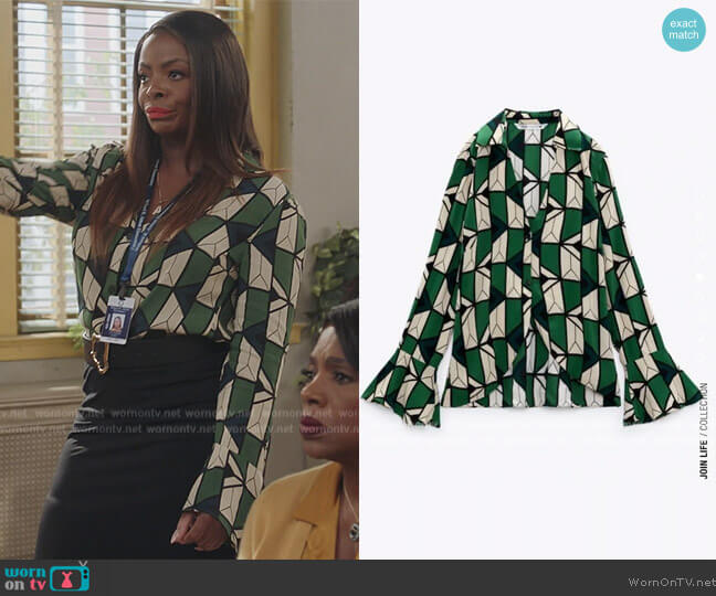 Zara Ruffled Geometric Printed Blouse worn by Ava Coleman (Janelle James) on Abbott Elementary