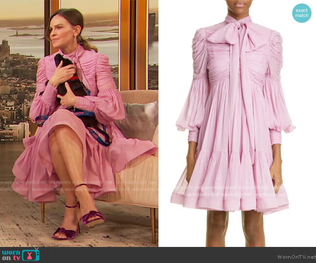Zimmermann Celestial ruched minidress worn by Hilary Swank on The Drew Barrymore Show