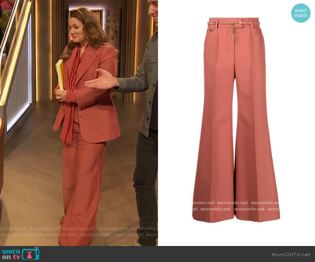 Zimmermann Kaleidoscope wide-leg trousers worn by Drew Barrymore on The Drew Barrymore Show