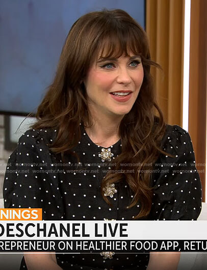 Zooey Deschanel’s polka dot dress with jewel buttons on CBS Mornings