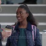 Zola’s green top and navy quilted jacket on Greys Anatomy