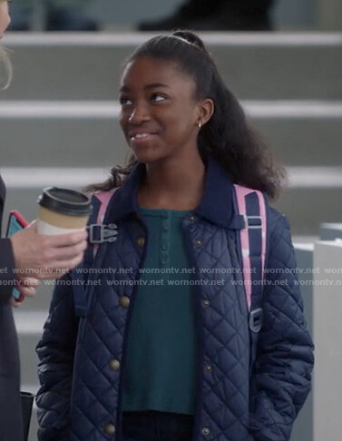 Zola’s green top and navy quilted jacket on Greys Anatomy