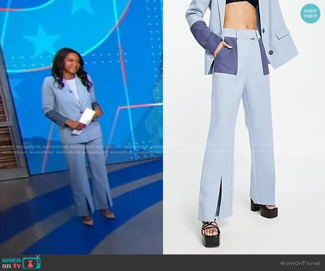 4th & Reckless Tailored Pants in color block blue worn by Rachel Scott on Good Morning America