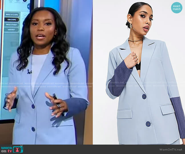 4th & Reckless Tailored Suit Jacket in color block blue worn by Rachel Scott on Good Morning America